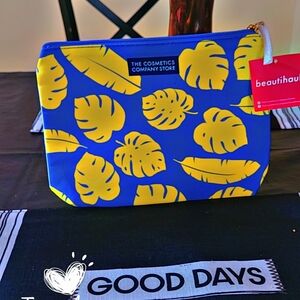Blue and Yellow Leaf Print Cosmetic Bag